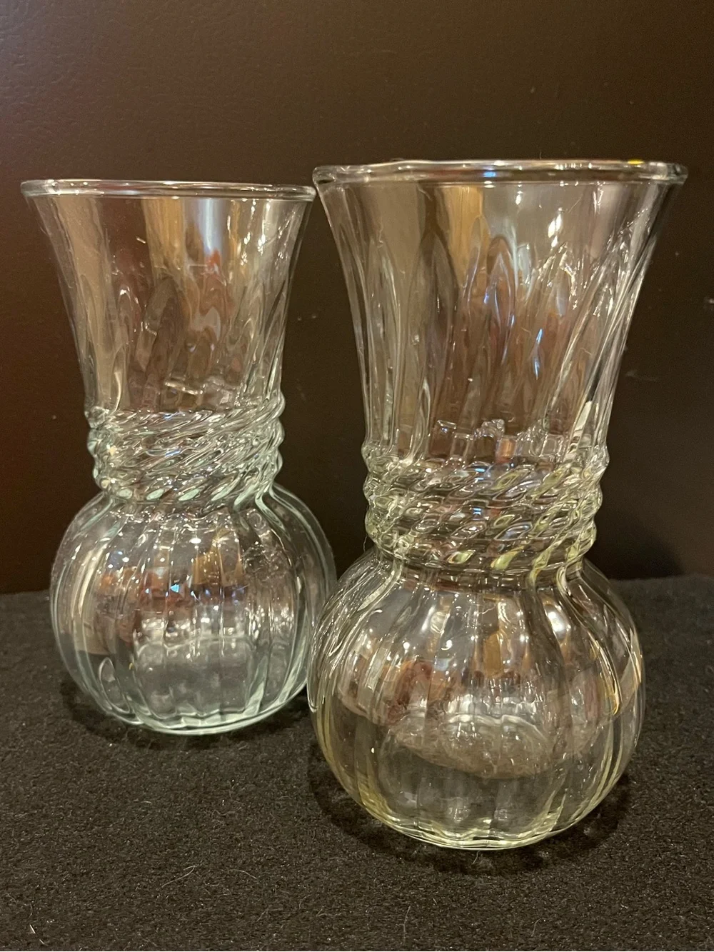Vintage Anchor Hocking Optic Swirl Ribbed Clear Glass Vases - Set of 2